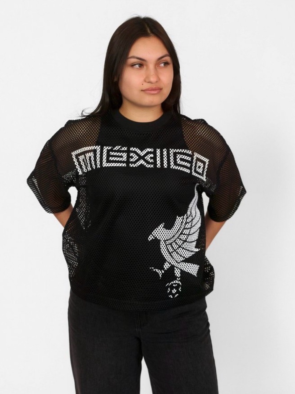 Black Mexico Mesh Graphic Tee with White Eagle Print - Picture 4 of 5